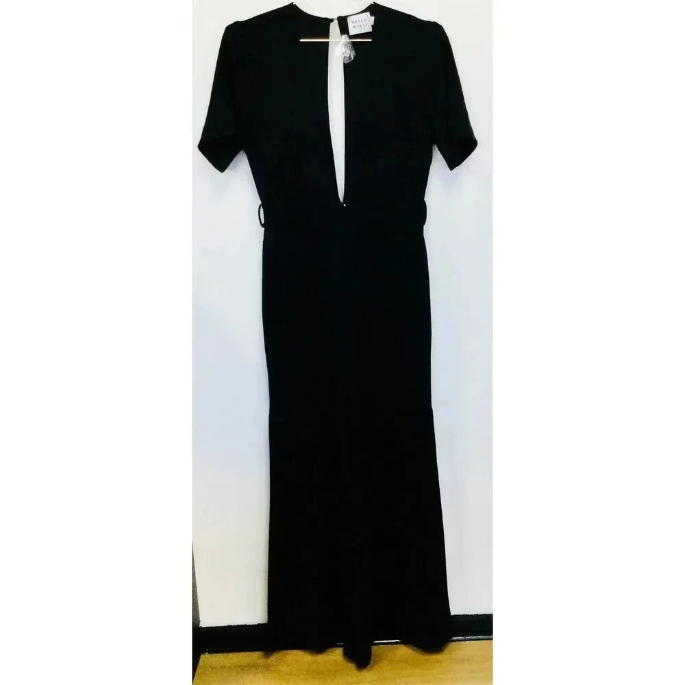 NWT Hello Molly Womens Black Plunging Neck Leg Slit Keyhole Back‎ Jumpsuit Large